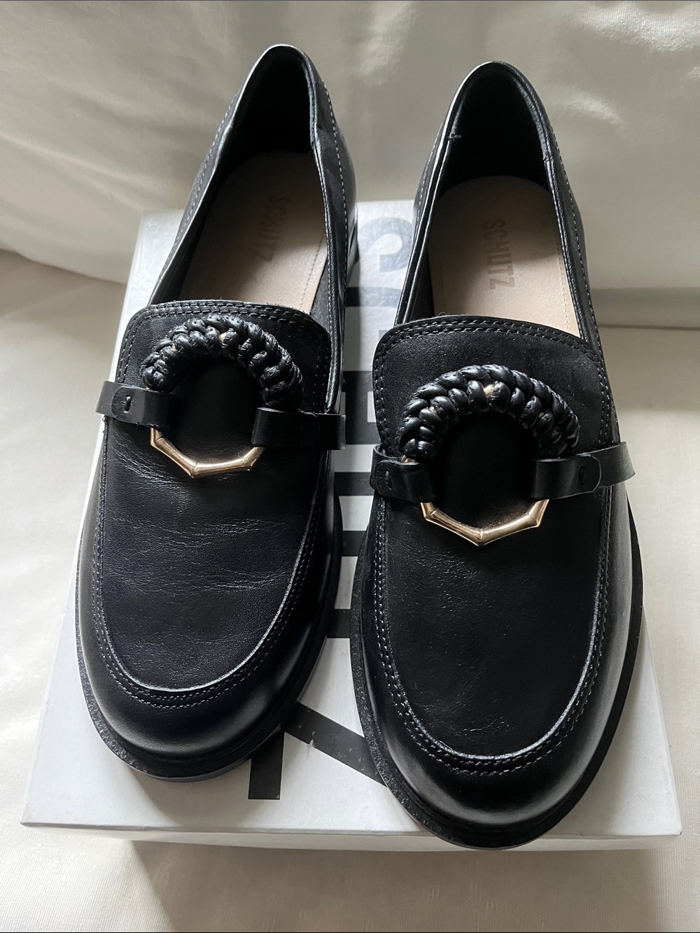SCHUTZ Black Leather Braided-Trim Loafers with Gold Accent
